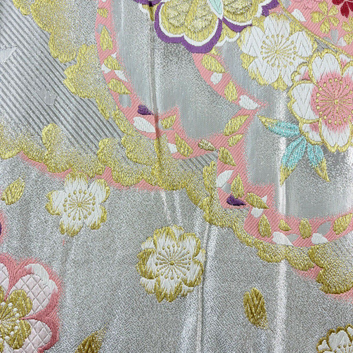 【美品】 袋帶 秀品級 振袖禮服禮服用 紅遊 櫻花 菊花 唐織 金絲 銀色 全通 純蠶絲