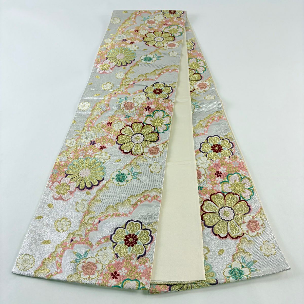 【美品】 袋帶 秀品級 振袖禮服禮服用 紅遊 櫻花 菊花 唐織 金絲 銀色 全通 純蠶絲