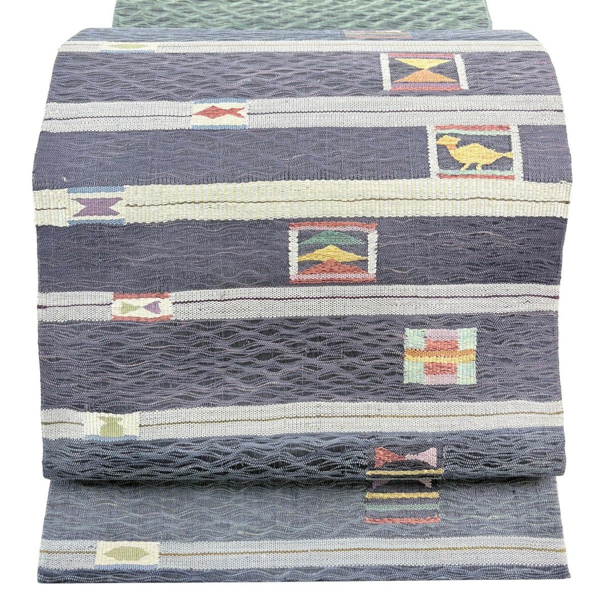 【美品】 袋帶 秀品級 縞紋 鳥 青灰色 お太鼓圖案 純蠶絲