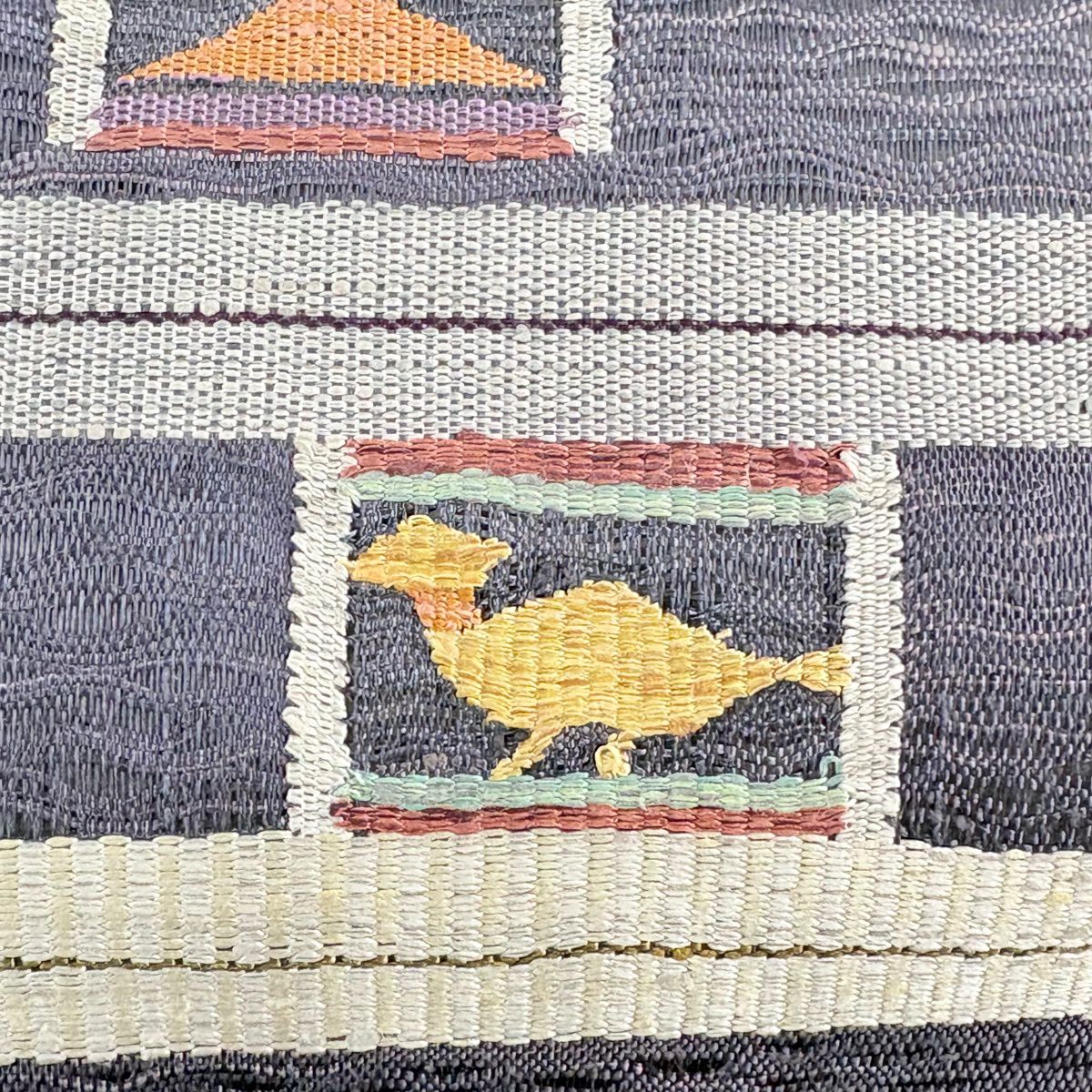 【美品】 袋帶 秀品級 縞紋 鳥 青灰色 お太鼓圖案 純蠶絲