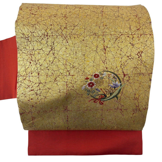 名古屋帶 秀品級 花丸紋 幾何圖案 刺繡 金銀彩 金色 純蠶絲