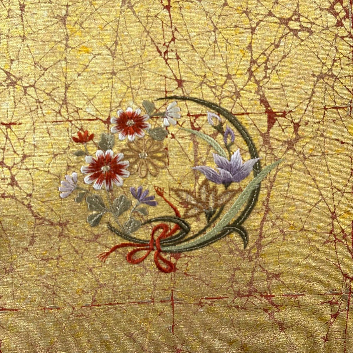 名古屋帶 秀品級 花丸紋 幾何圖案 刺繡 金銀彩 金色 純蠶絲