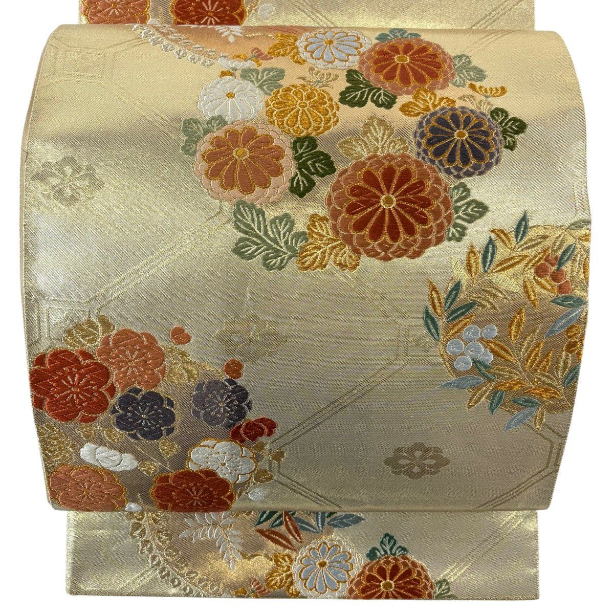 【美品】 袋帶 秀品級 菊花 花丸紋 金絲 刺繡 金 六通 純蠶絲