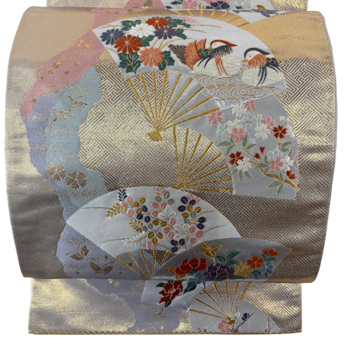 【美品】 袋帶 秀品級 關西仕立 雙層 扇子 花鳥 金絲 刺繡 金色 六通 純蠶絲