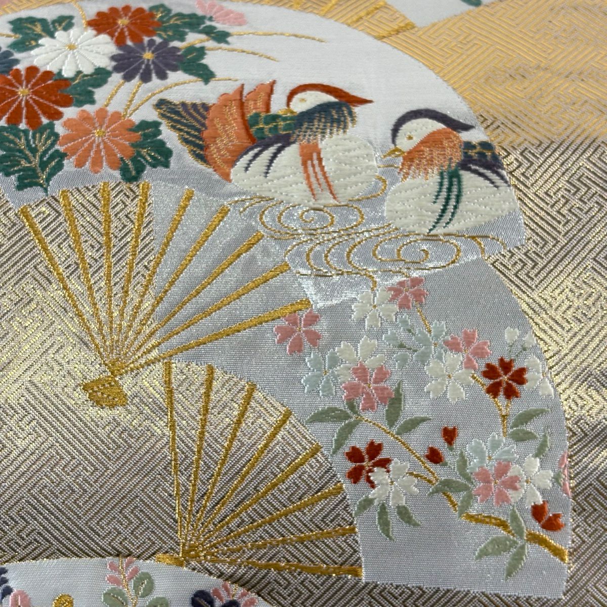 【美品】 袋帶 秀品級 關西仕立 雙層 扇子 花鳥 金絲 刺繡 金色 六通 純蠶絲