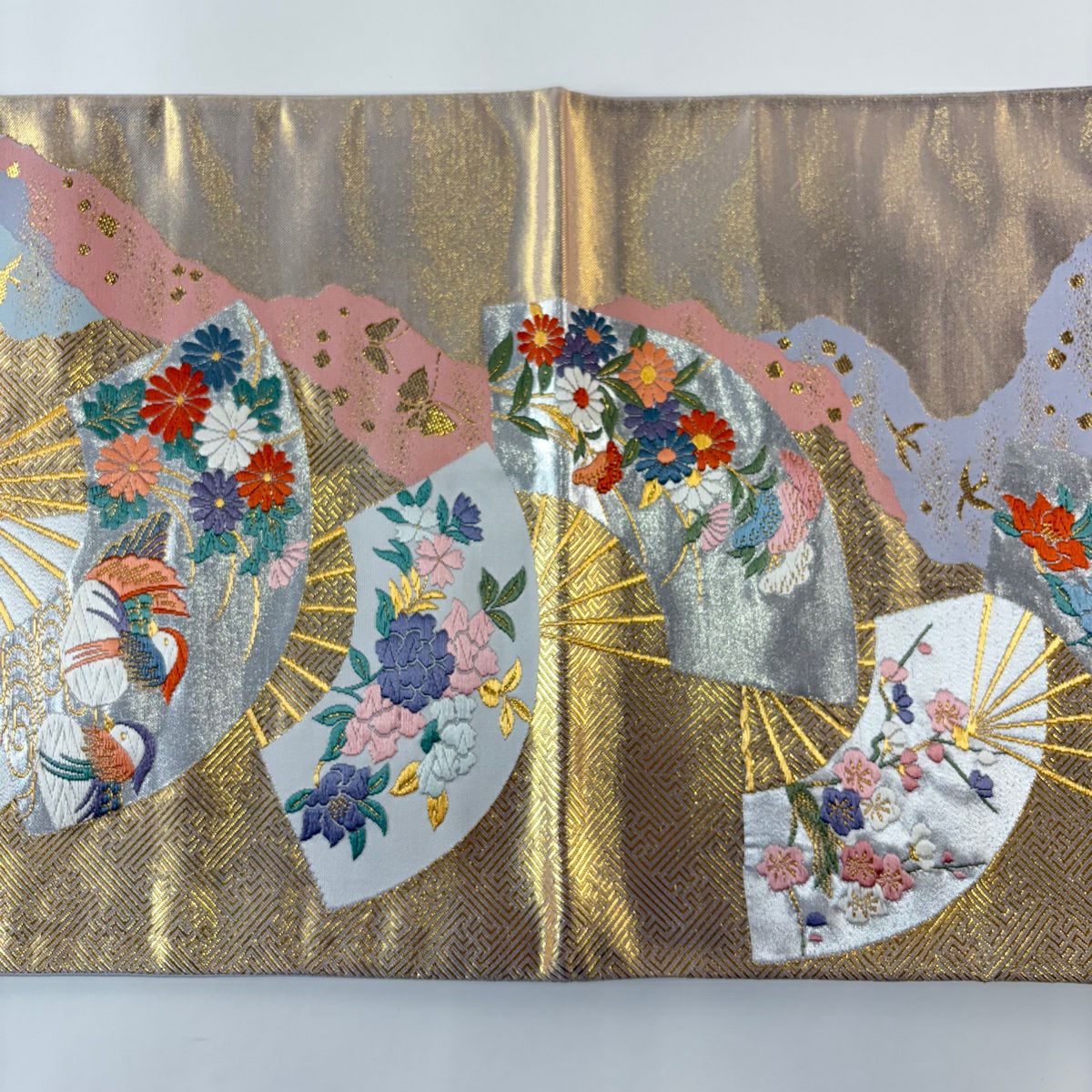 【美品】 袋帶 秀品級 關西仕立 雙層 扇子 花鳥 金絲 刺繡 金色 六通 純蠶絲