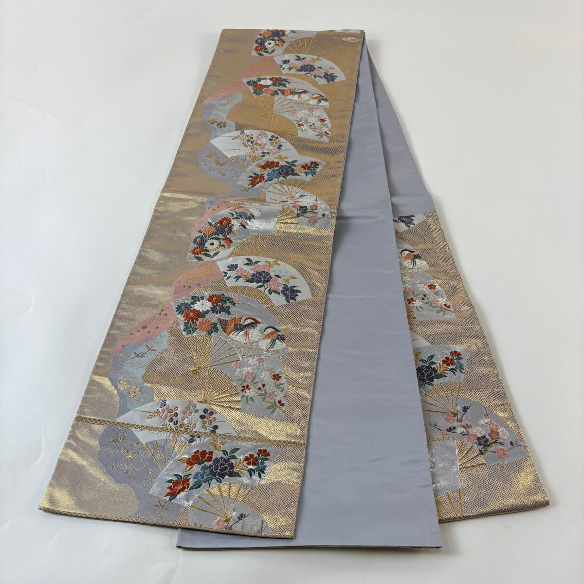 【美品】 袋帶 秀品級 關西仕立 雙層 扇子 花鳥 金絲 刺繡 金色 六通 純蠶絲