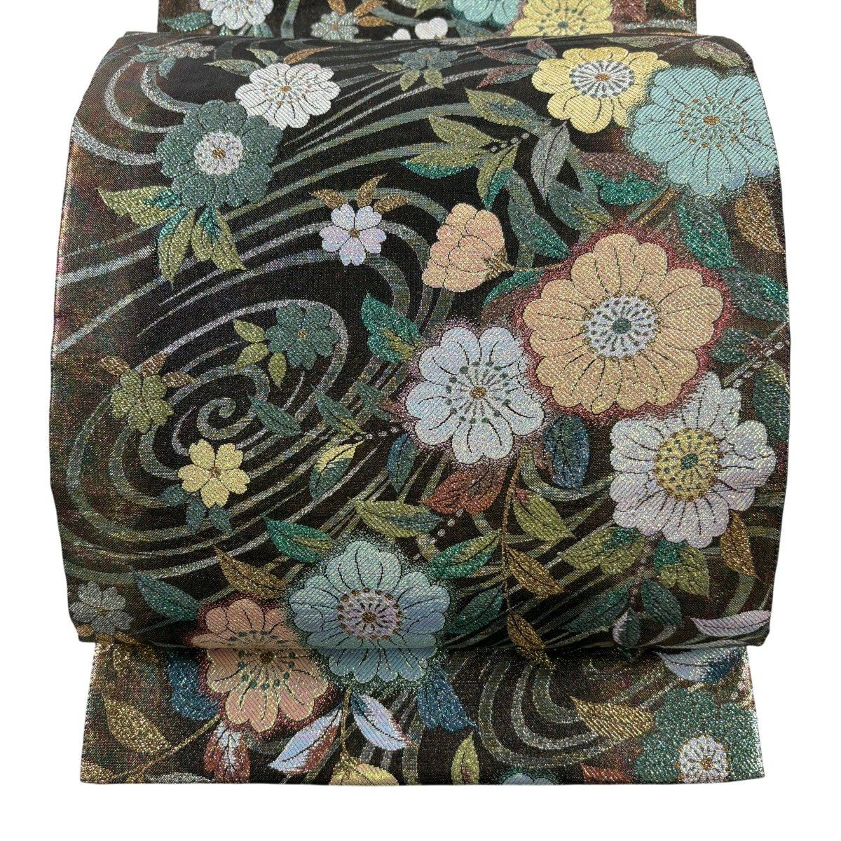 【美品】 袋帶 秀品級 草花紋紋 渦卷 金金箔 黑灰 六通 純蠶絲