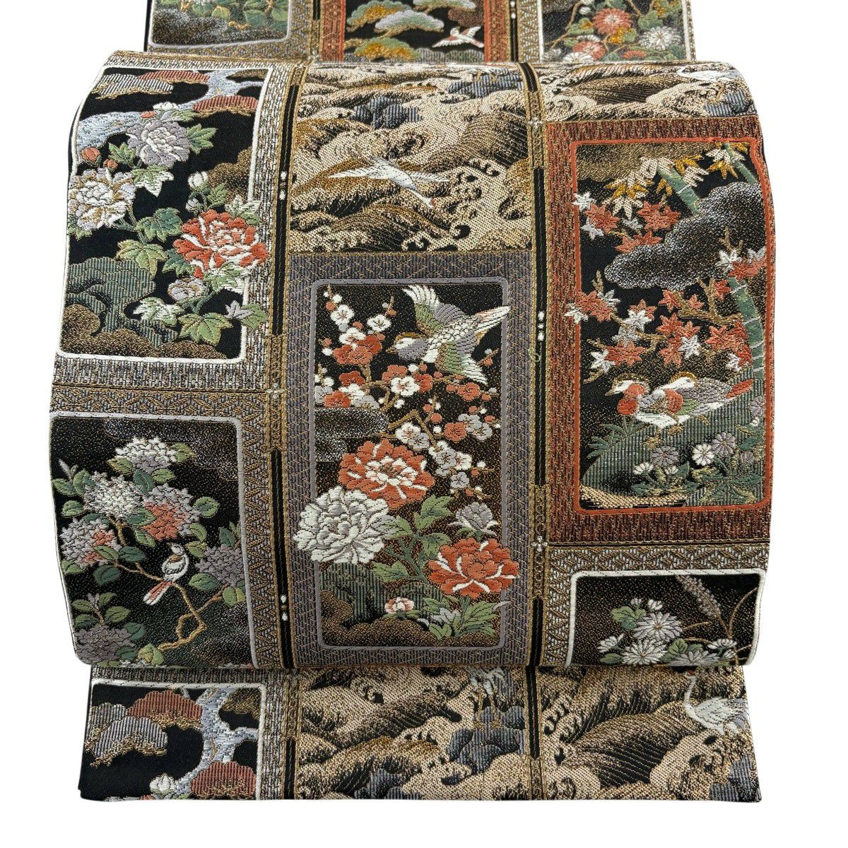 【美品】 袋帶 秀品級 花鳥 松樹竹子梅花 金銀絲 金金箔 黑 六通 純蠶絲