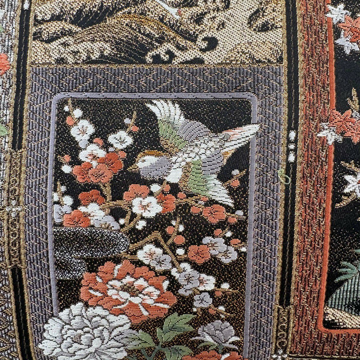 【美品】 袋帶 秀品級 花鳥 松樹竹子梅花 金銀絲 金金箔 黑 六通 純蠶絲