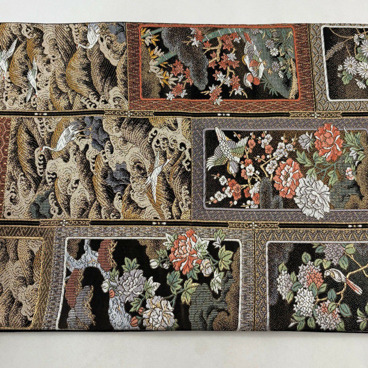 【美品】 袋帶 秀品級 花鳥 松樹竹子梅花 金銀絲 金金箔 黑 六通 純蠶絲