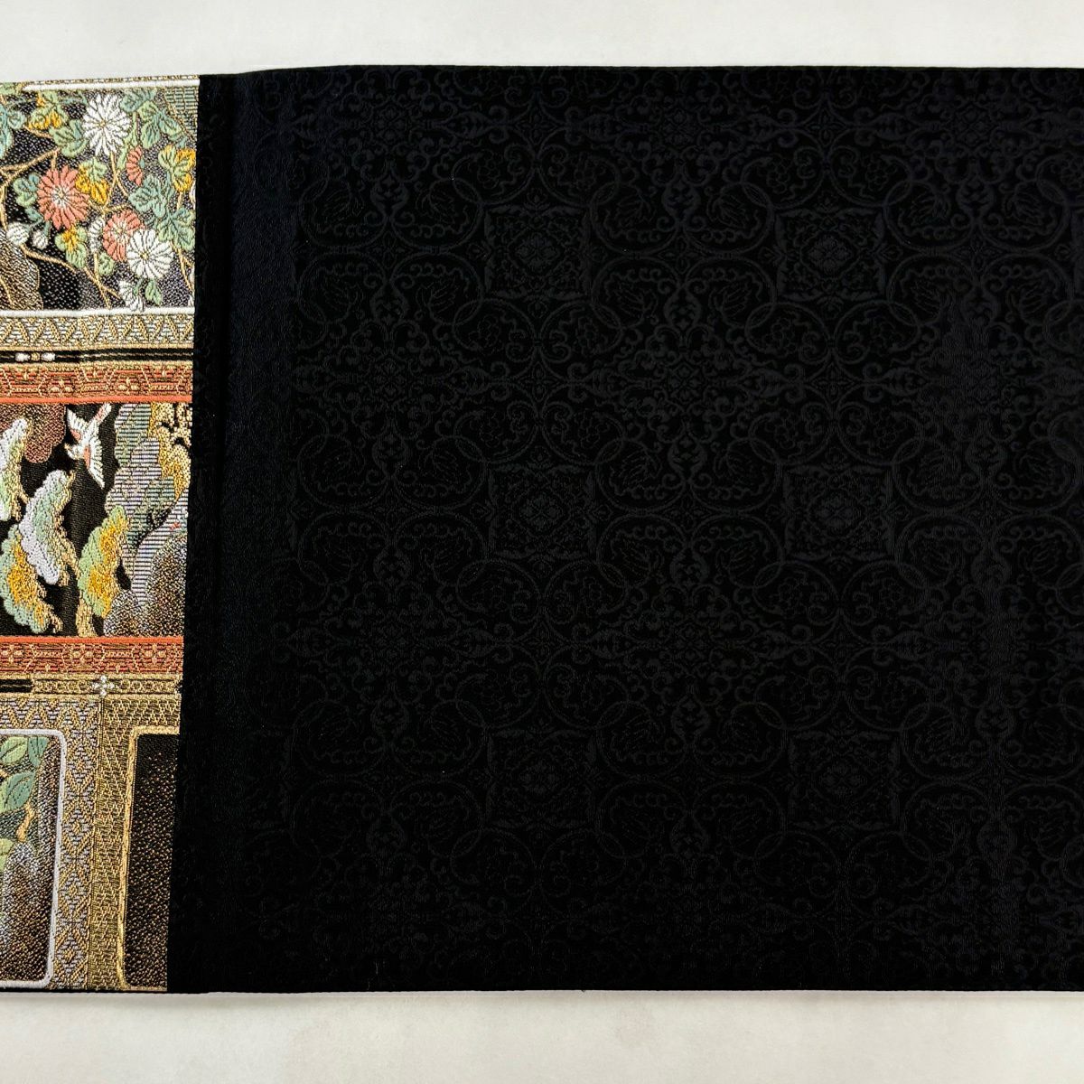【美品】 袋帶 秀品級 花鳥 松樹竹子梅花 金銀絲 金金箔 黑 六通 純蠶絲