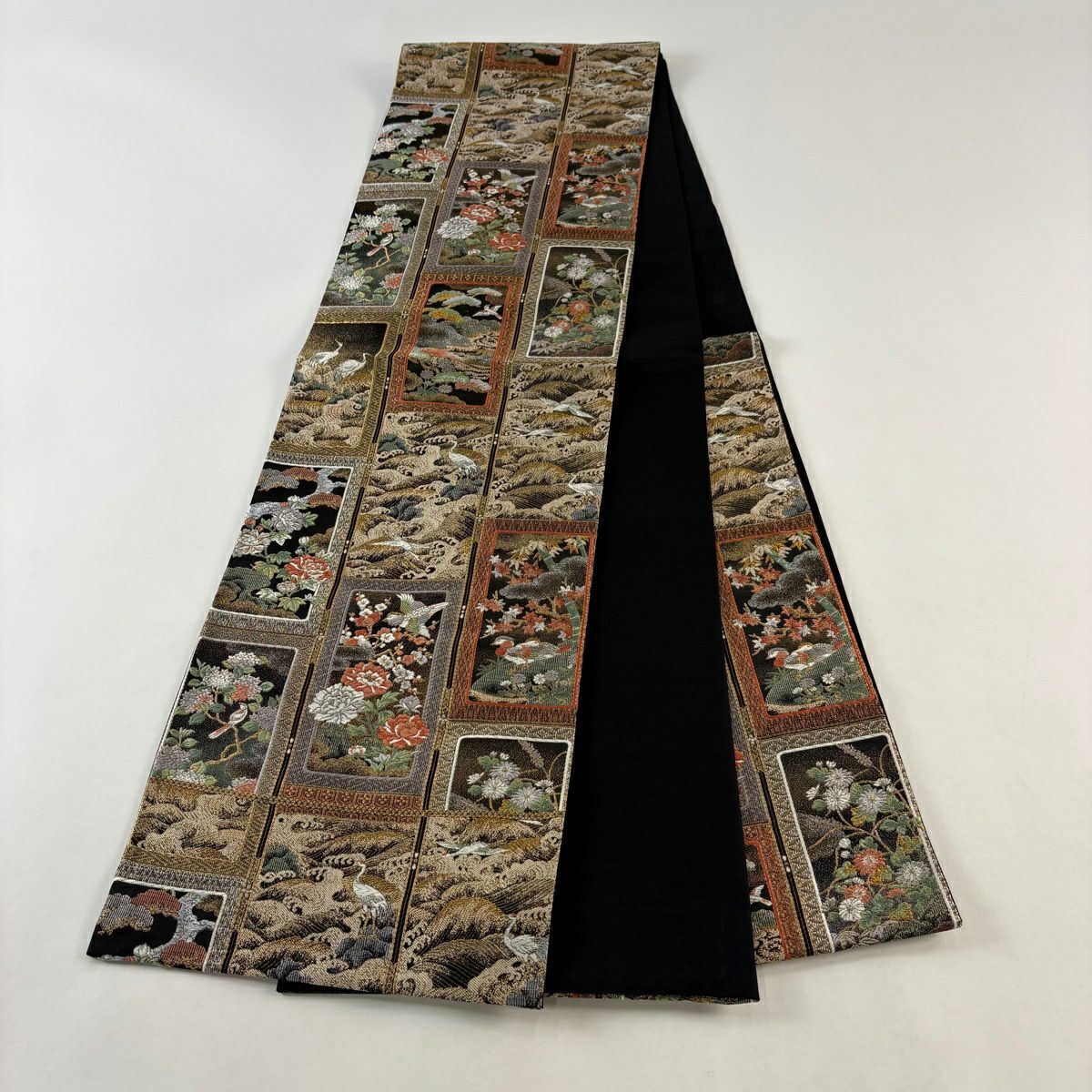 【美品】 袋帶 秀品級 花鳥 松樹竹子梅花 金銀絲 金金箔 黑 六通 純蠶絲