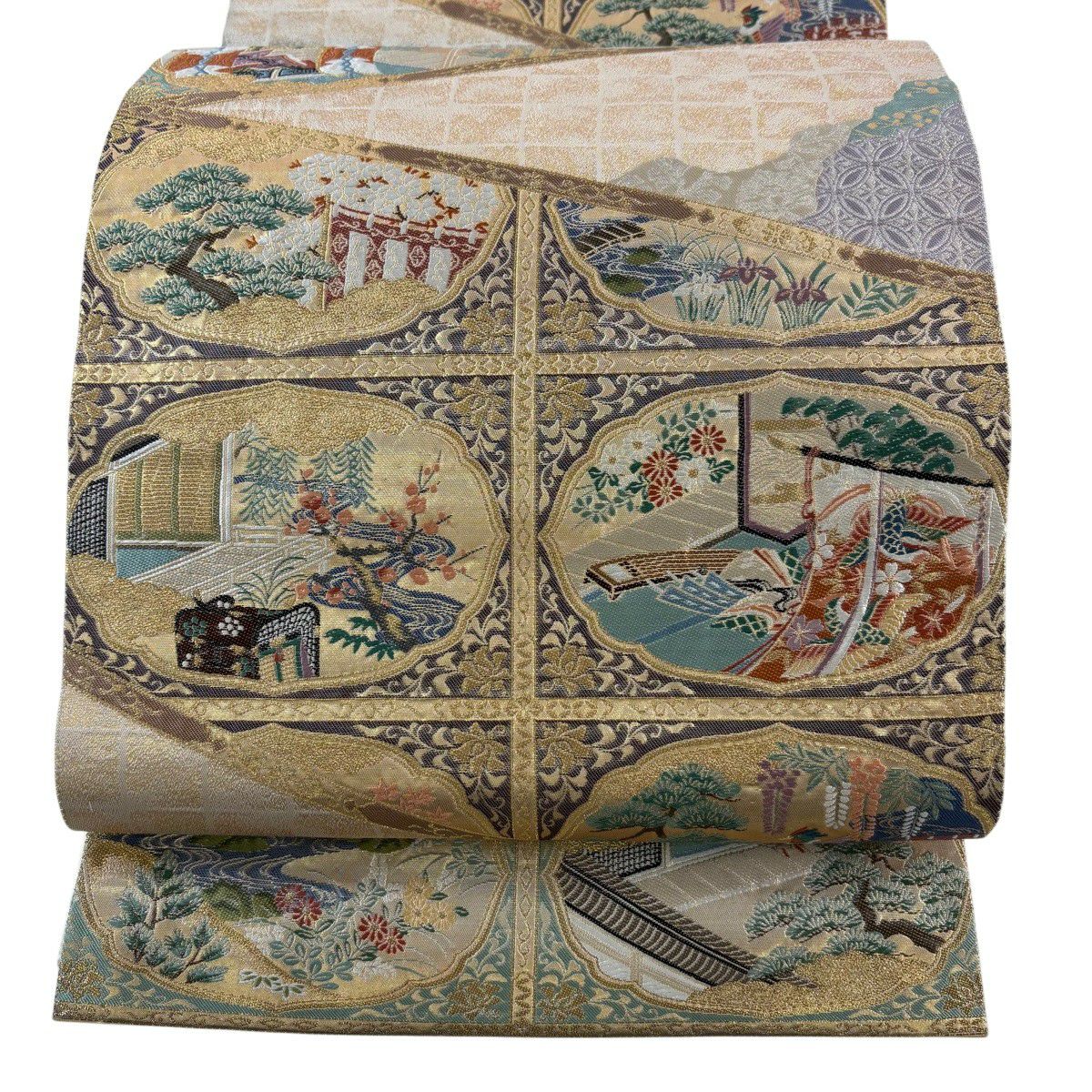 袋帶 秀品級 關西仕立 風景 琴 金絲 金金箔 米色 六通 純蠶絲