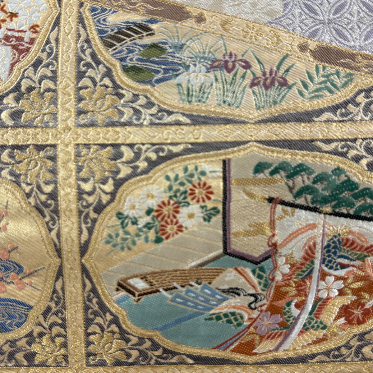 袋帶 秀品級 關西仕立 風景 琴 金絲 金金箔 米色 六通 純蠶絲