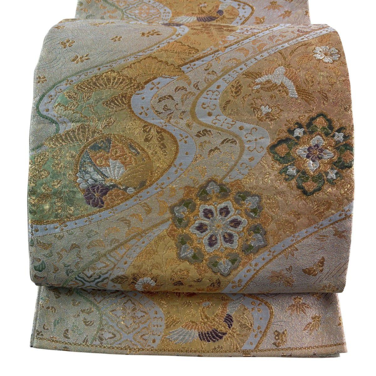 【美品】 袋帶 秀品級 華紋 花鳥 金銀彩 金金箔 灰 深藍 六通 純蠶絲