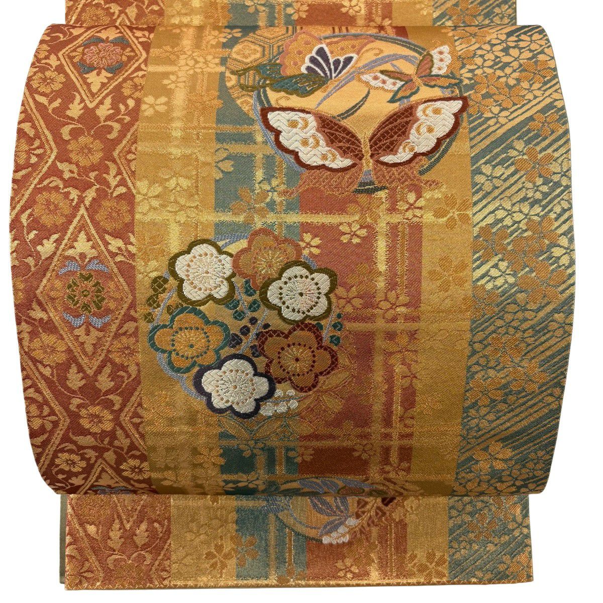 袋帶 秀品級 關西仕立 雛蝶 梅花花 金絲 刺繡 紅茶 六通 純蠶絲