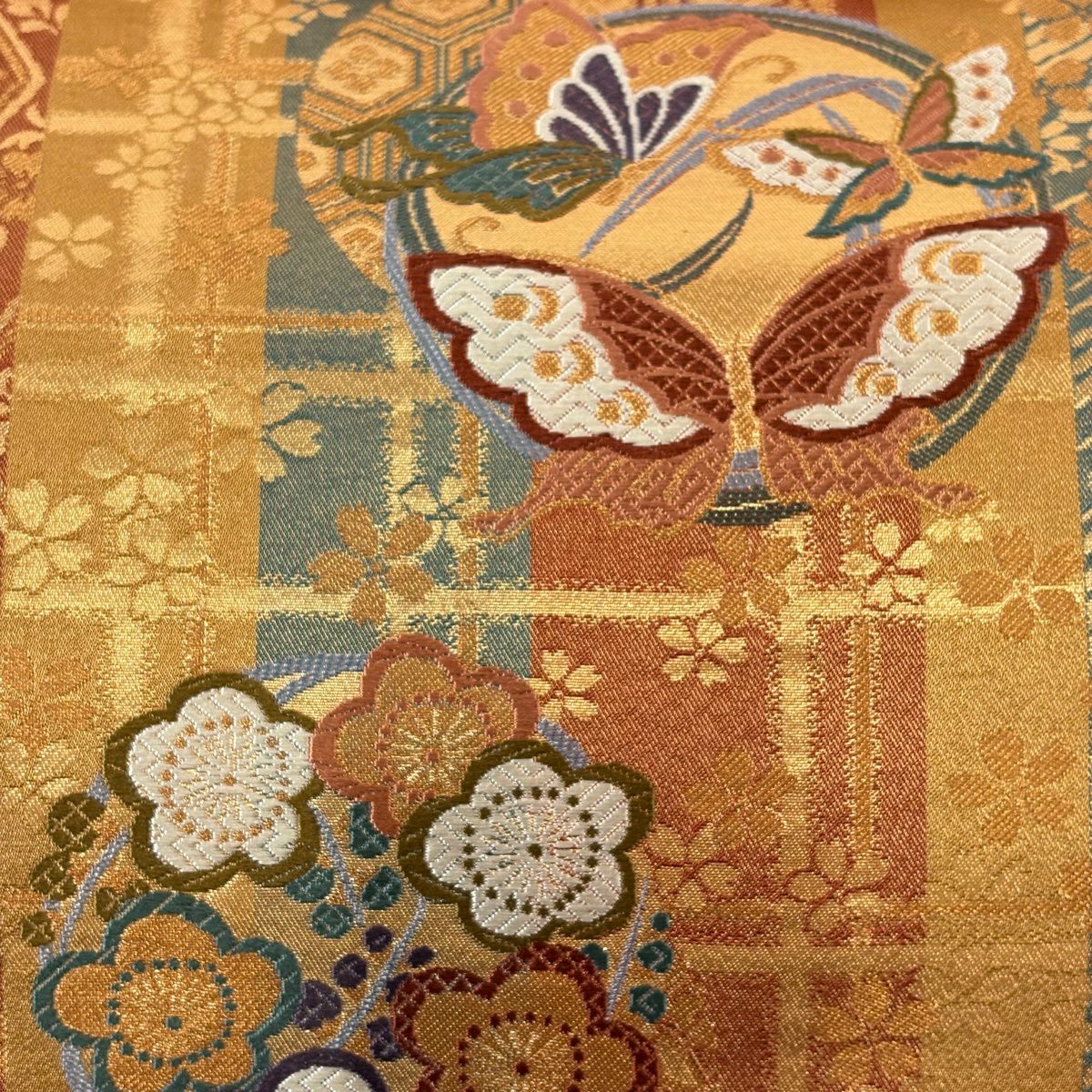 袋帶 秀品級 關西仕立 雛蝶 梅花花 金絲 刺繡 紅茶 六通 純蠶絲