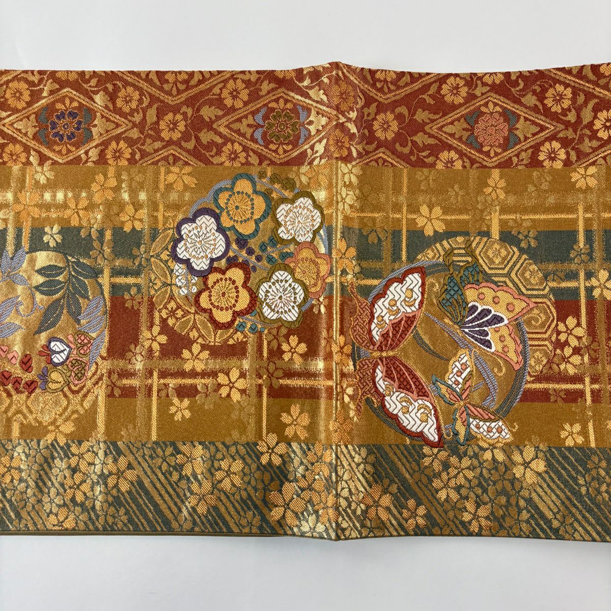 袋帶 秀品級 關西仕立 雛蝶 梅花花 金絲 刺繡 紅茶 六通 純蠶絲