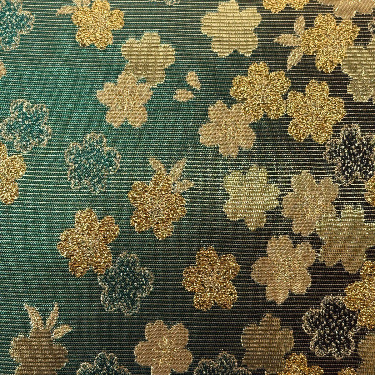 袋帶 秀品級 鈴乃屋櫻花 金金箔 金絲 綠色 六通 純蠶絲