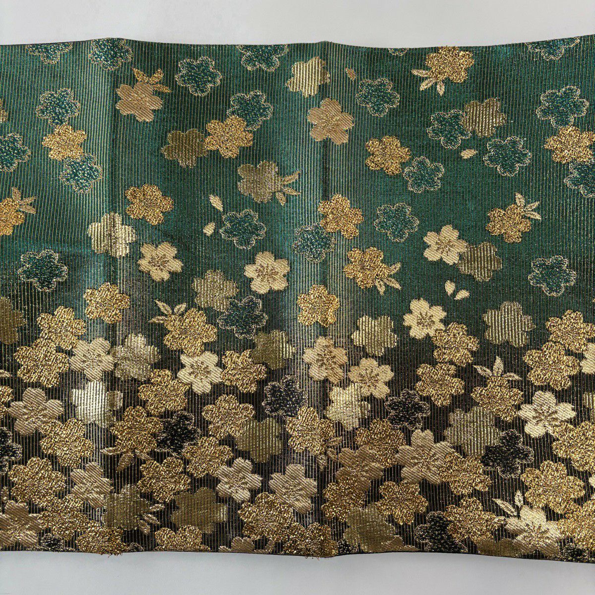 袋帶 秀品級 鈴乃屋櫻花 金金箔 金絲 綠色 六通 純蠶絲