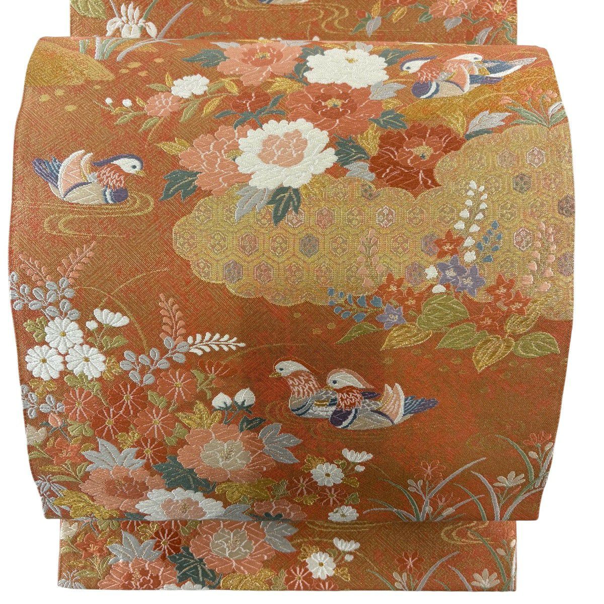 【美品】 袋帶 秀品級 附落款 いづつ佐賀錦 鴛鴦 草花紋刺繡 金絲 鮭粉色 六通 純蠶絲