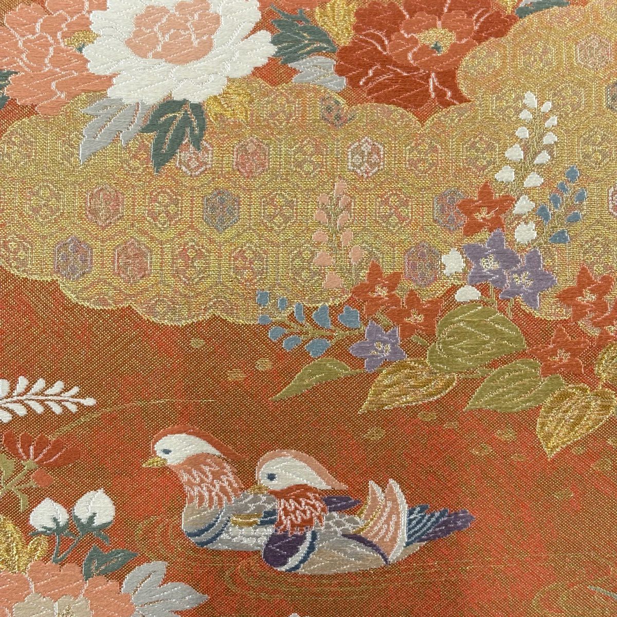 【美品】 袋帶 秀品級 附落款 いづつ佐賀錦 鴛鴦 草花紋刺繡 金絲 鮭粉色 六通 純蠶絲