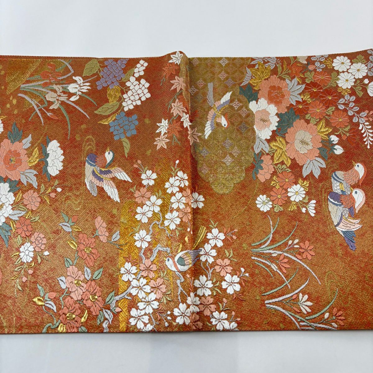 【美品】 袋帶 秀品級 附落款 いづつ佐賀錦 鴛鴦 草花紋刺繡 金絲 鮭粉色 六通 純蠶絲