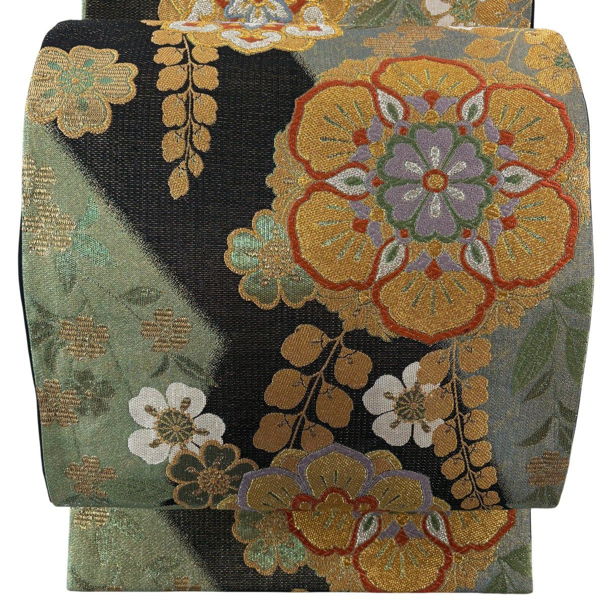 【美品】 袋帶 秀品級 華紋 枝花 金銀彩 金金箔 灰綠 六通 純蠶絲