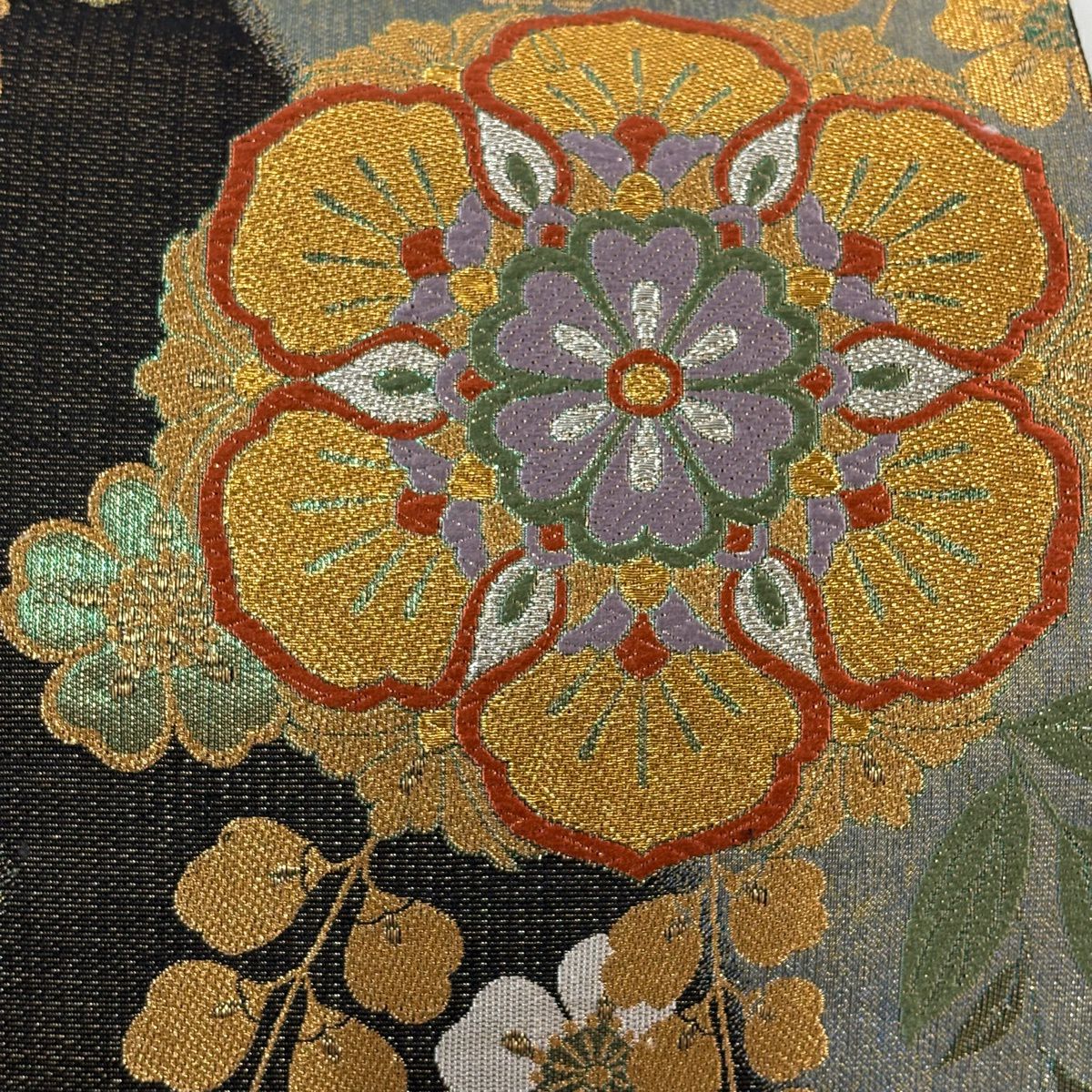 【美品】 袋帶 秀品級 華紋 枝花 金銀彩 金金箔 灰綠 六通 純蠶絲