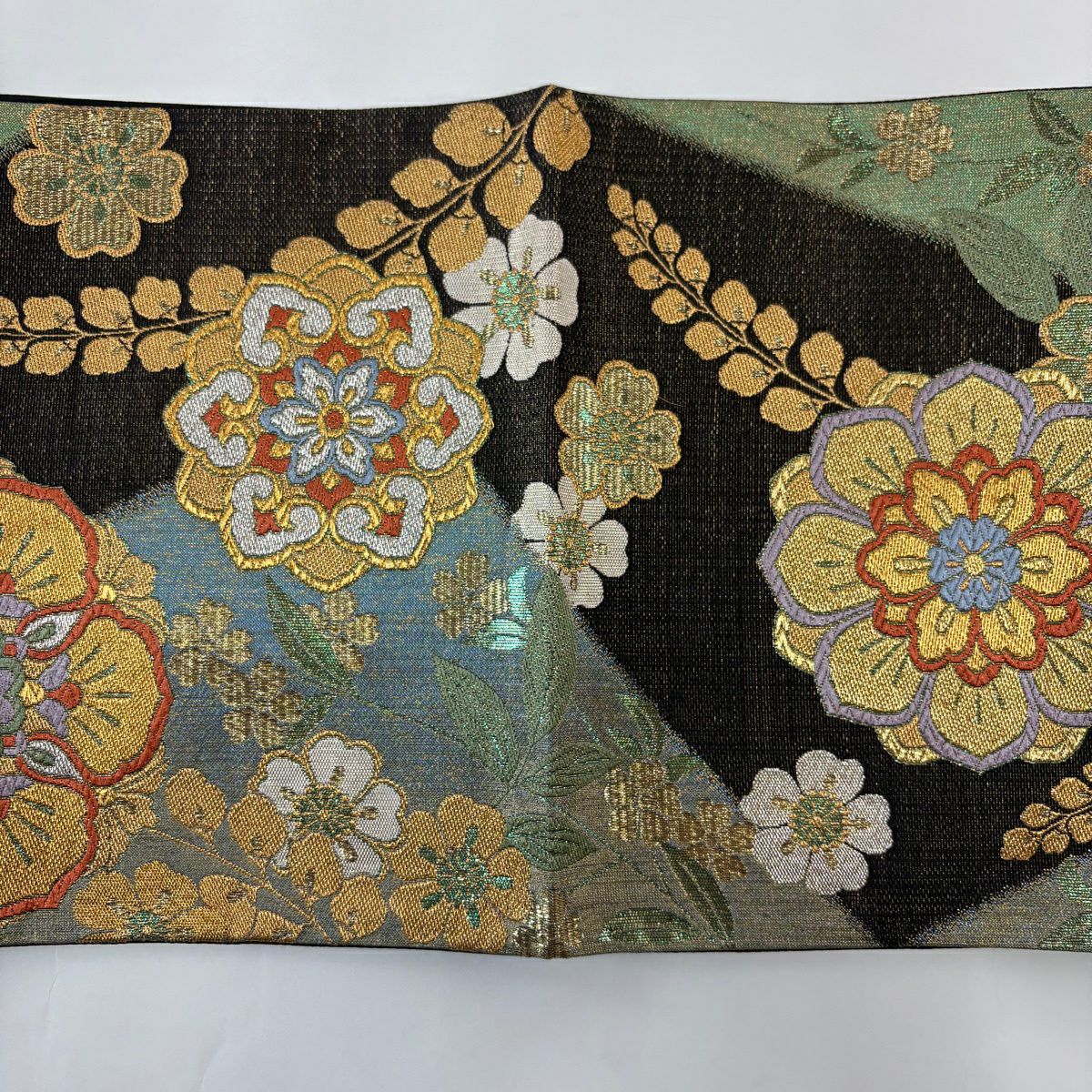 【美品】 袋帶 秀品級 華紋 枝花 金銀彩 金金箔 灰綠 六通 純蠶絲