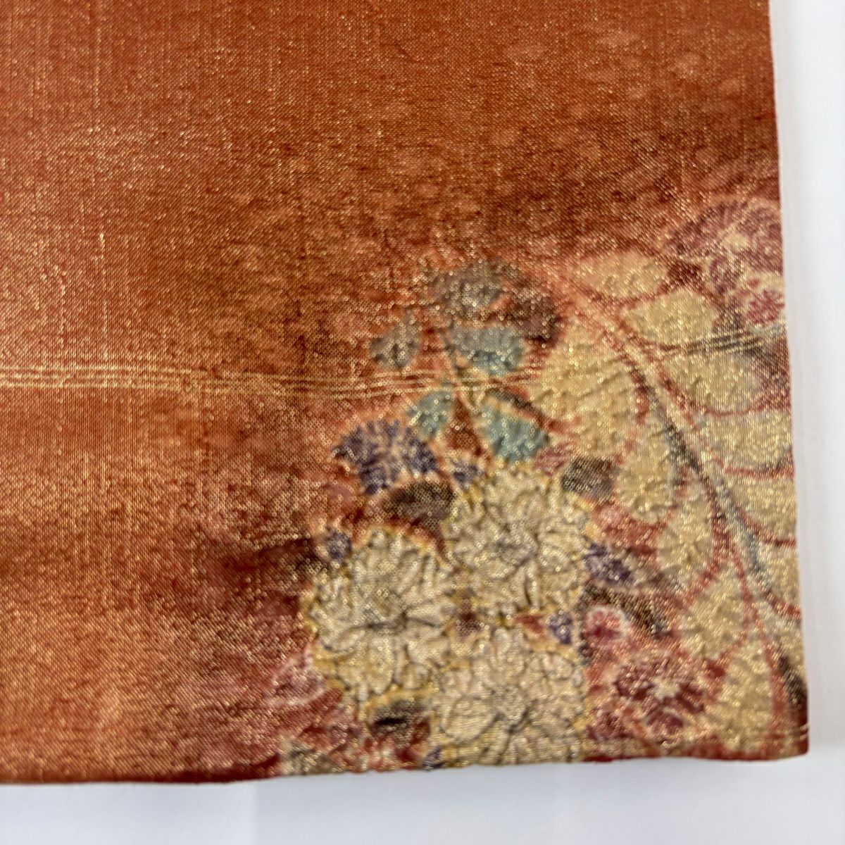 袋帶 秀品級 關西仕立 草花紋紋 金絲 紅茶色 大鼓圖案 純蠶絲