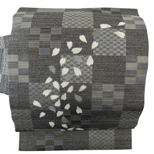 【美品】名古屋帶 秀品級 花瓣 市松樹 金銀彩 灰色 純蠶絲