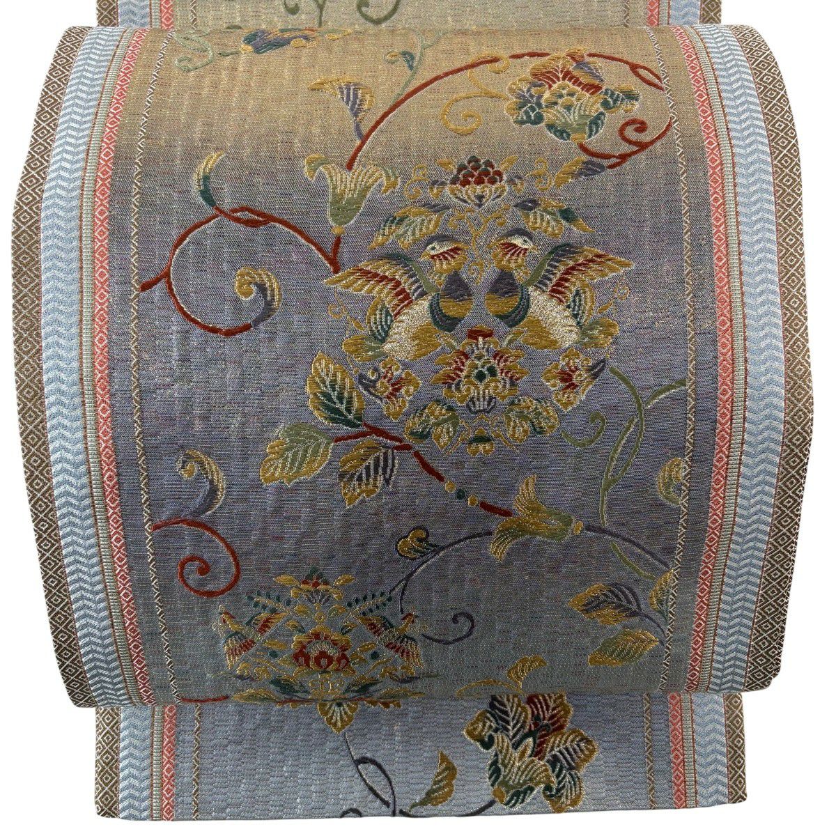 袋帶 秀品級 向鳥 花唐草紋 刺繡 金金箔 灰紫 六通 純蠶絲