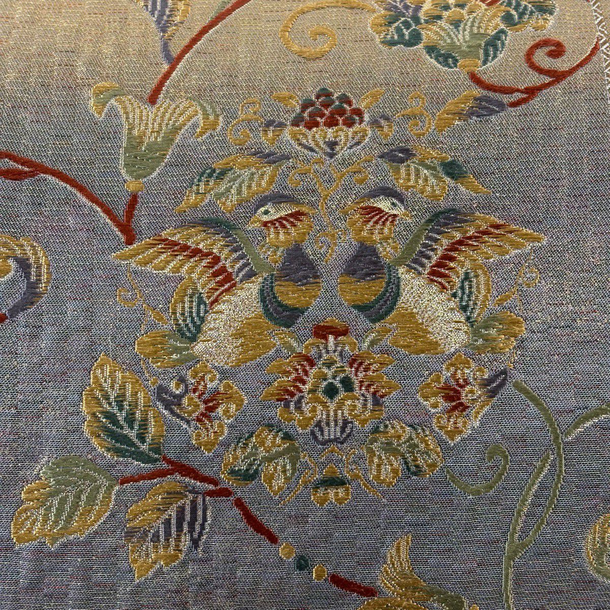 袋帶 秀品級 向鳥 花唐草紋 刺繡 金金箔 灰紫 六通 純蠶絲