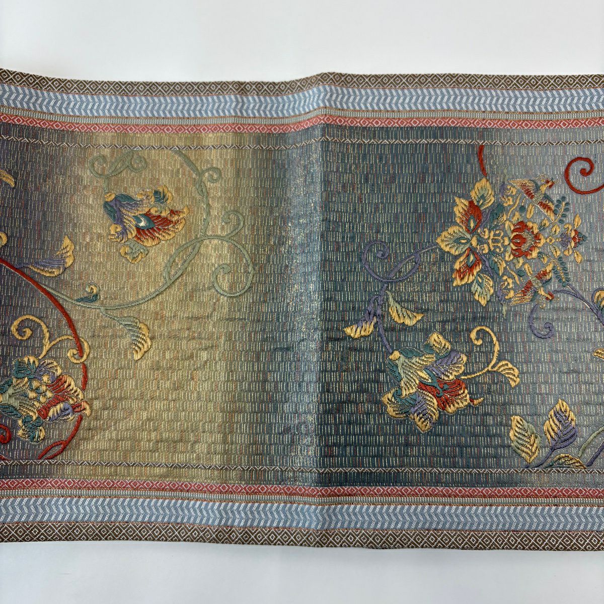 袋帶 秀品級 向鳥 花唐草紋 刺繡 金金箔 灰紫 六通 純蠶絲