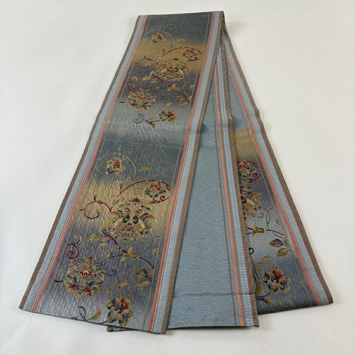 袋帶 秀品級 向鳥 花唐草紋 刺繡 金金箔 灰紫 六通 純蠶絲