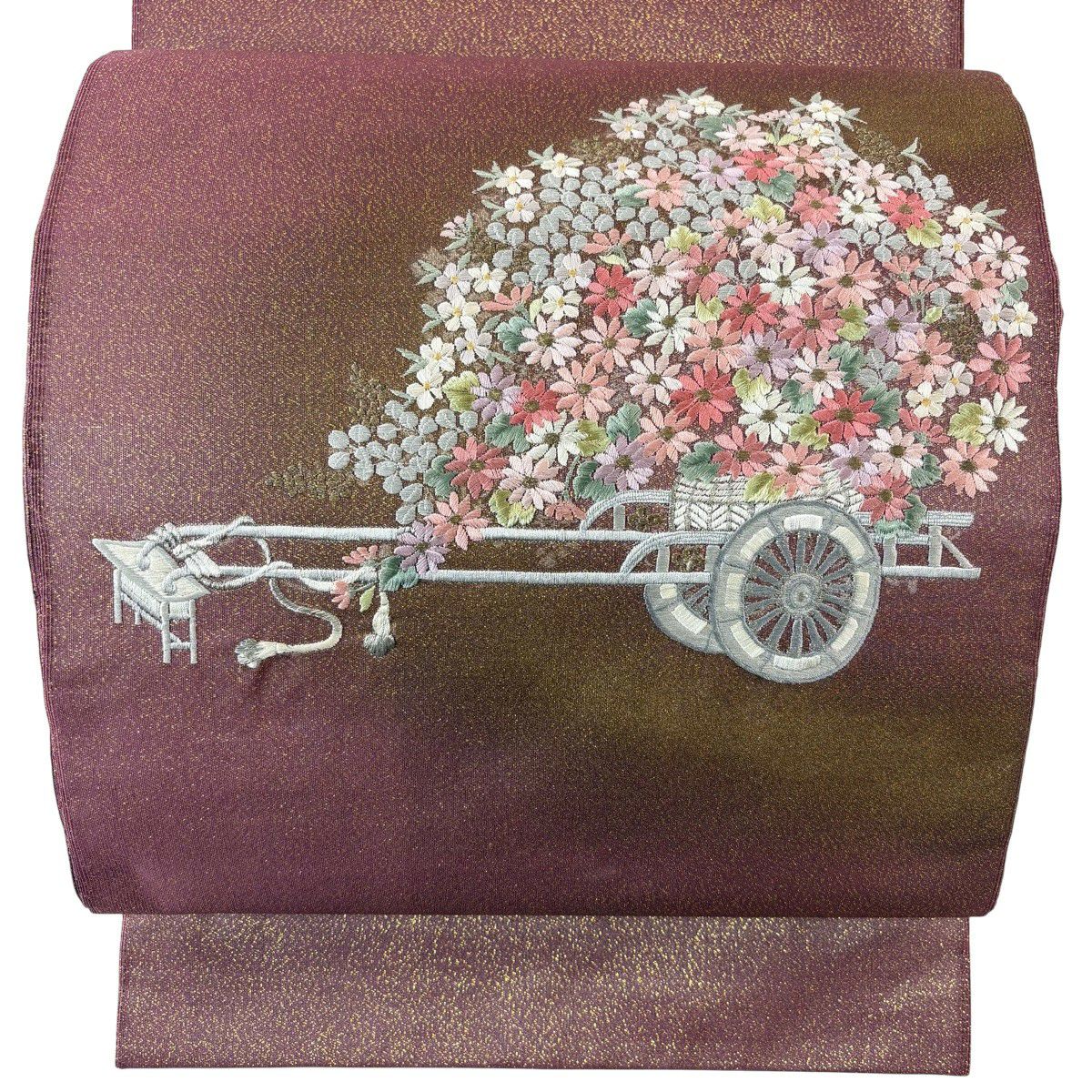 袋帶 秀品級 花車 金銀彩 刺繡 小豆 深藍 純蠶絲