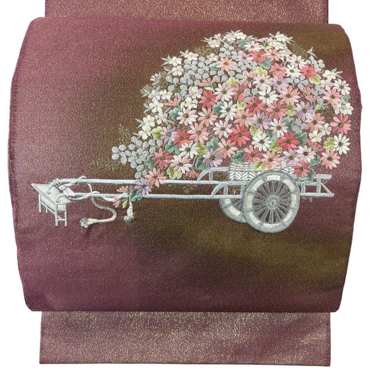袋帶 秀品級 花車 金銀彩 刺繡 小豆 深藍 純蠶絲