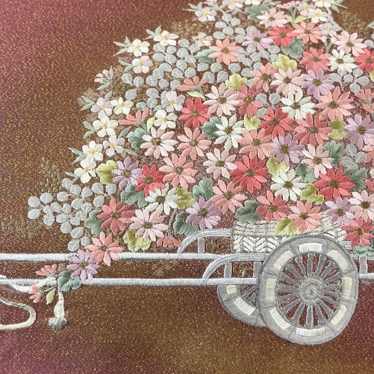 袋帶 秀品級 花車 金銀彩 刺繡 小豆 深藍 純蠶絲