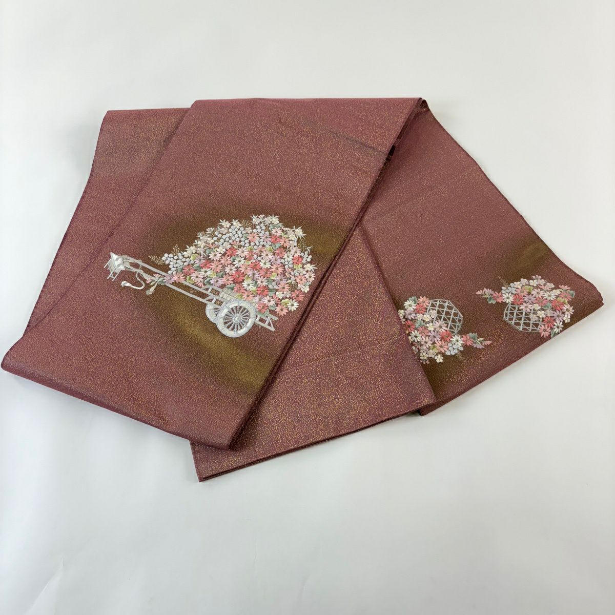 袋帶 秀品級 花車 金銀彩 刺繡 小豆 深藍 純蠶絲