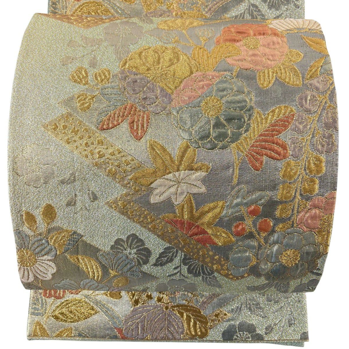 【美品】 袋帶 秀品級 草花紋紋 幾何圖案 淺綠 六通 純蠶絲