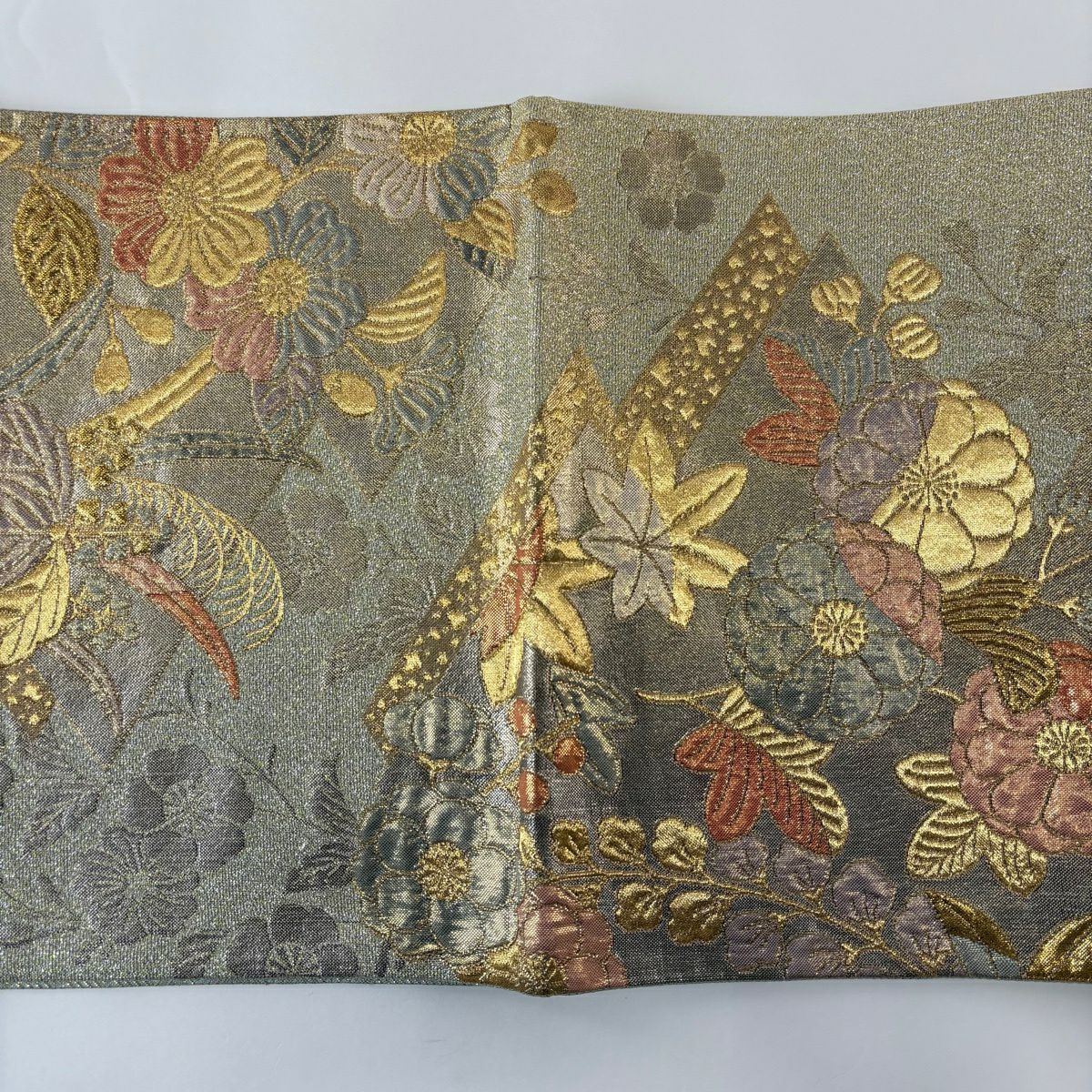 【美品】 袋帶 秀品級 草花紋紋 幾何圖案 淺綠 六通 純蠶絲