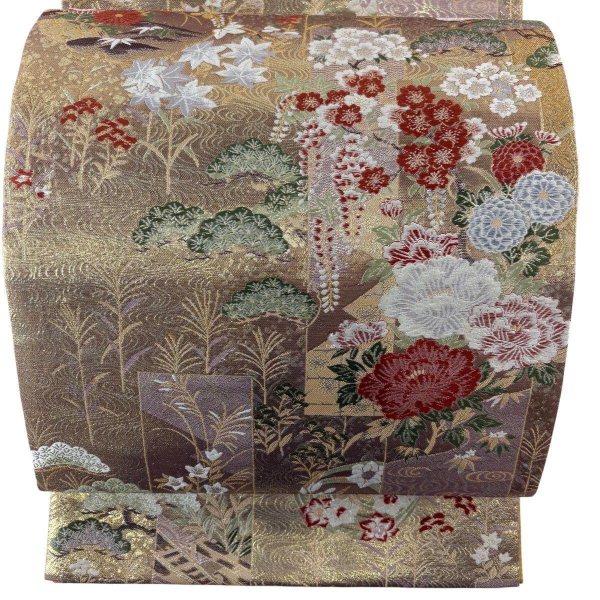 【美品】 袋帶 秀品級 壓卷秀風紋樣 花丸紋 金絲 金金箔 金 六通 純蠶絲