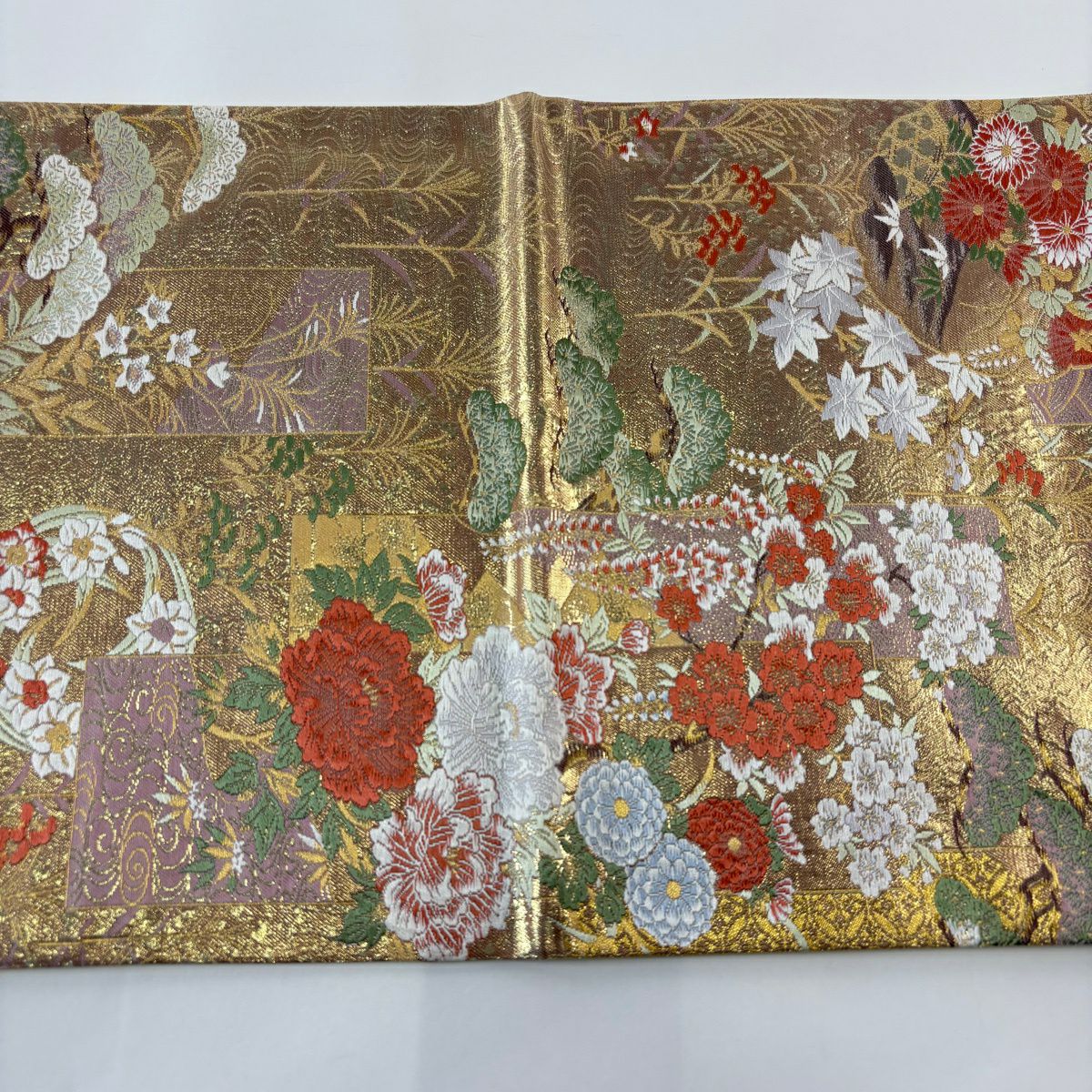 【美品】 袋帶 秀品級 壓卷秀風紋樣 花丸紋 金絲 金金箔 金 六通 純蠶絲