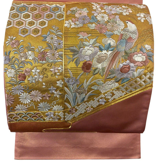 袋帶 秀品級 關西仕立 花鳥 龜甲 金絲 刺繡 鮭粉色 大鼓圖案 純蠶絲