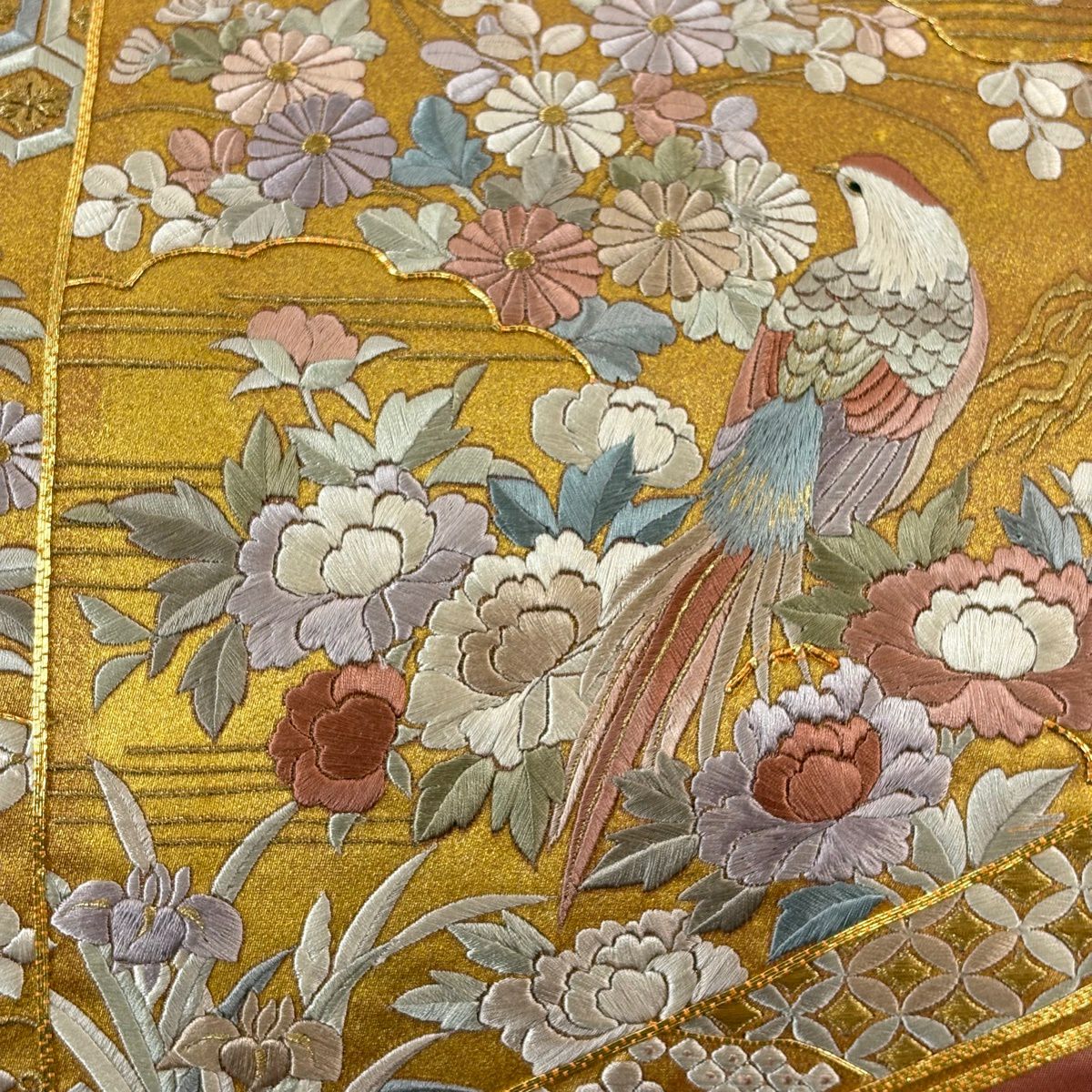 袋帶 秀品級 關西仕立 花鳥 龜甲 金絲 刺繡 鮭粉色 大鼓圖案 純蠶絲