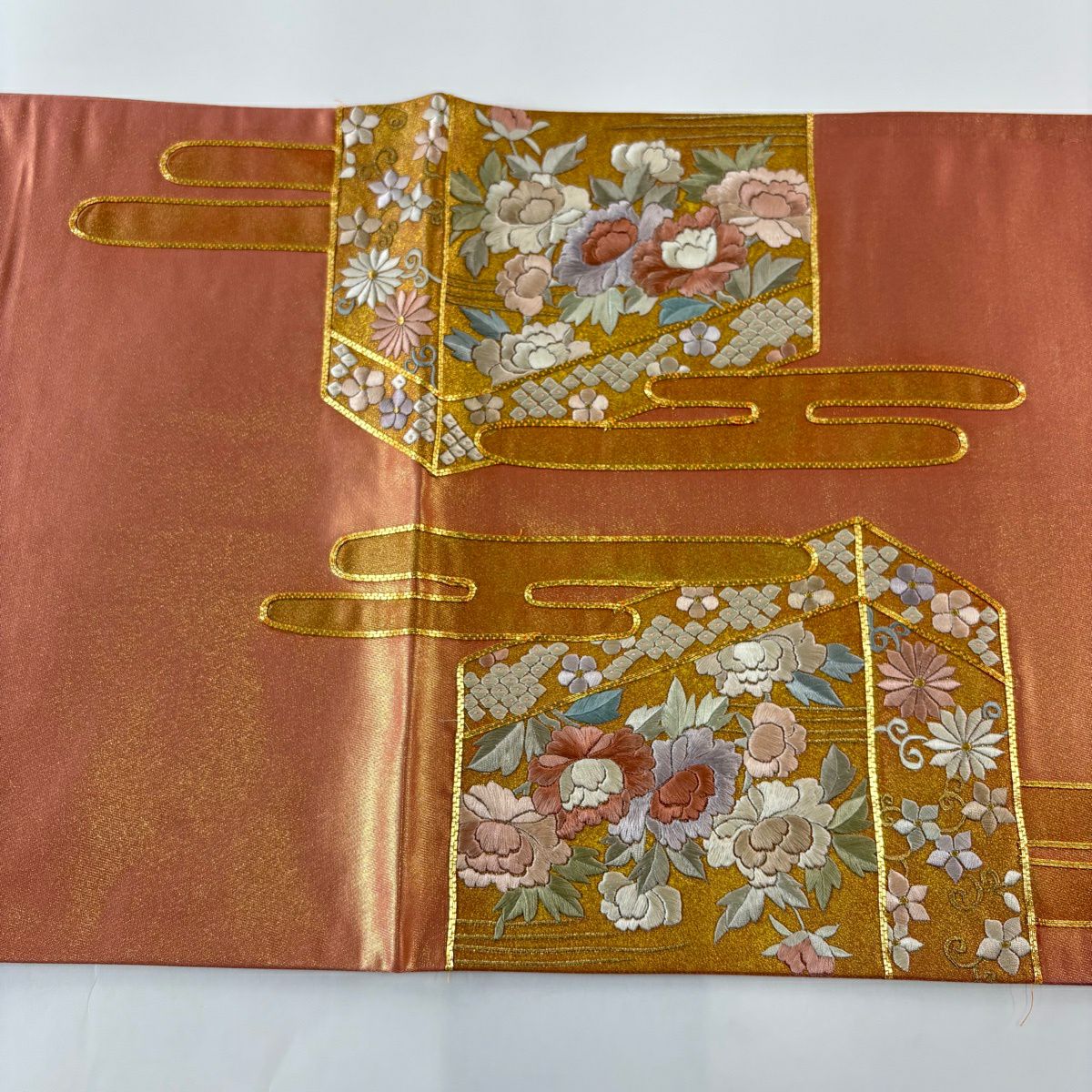 袋帶 秀品級 關西仕立 花鳥 龜甲 金絲 刺繡 鮭粉色 大鼓圖案 純蠶絲