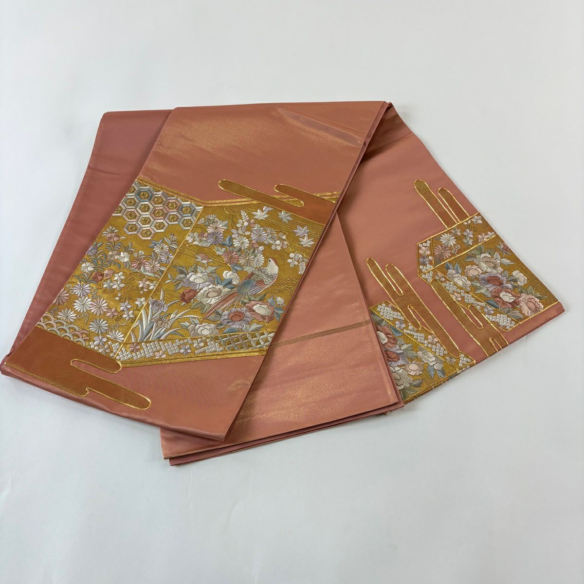 袋帶 秀品級 關西仕立 花鳥 龜甲 金絲 刺繡 鮭粉色 大鼓圖案 純蠶絲