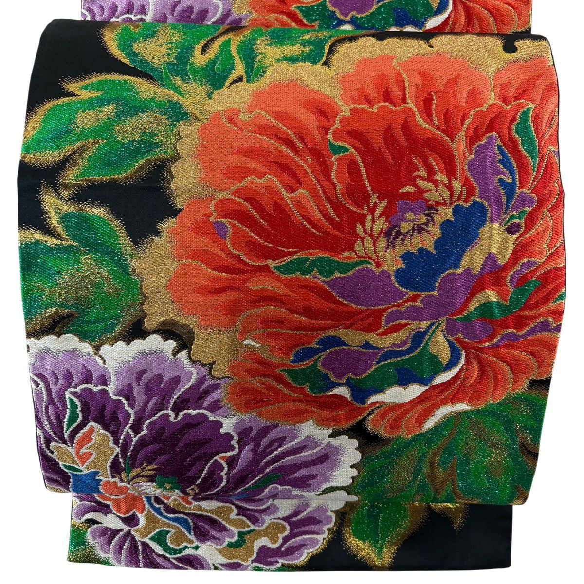【美品】 袋帶 秀品級 草花紋 金銀彩 金金箔 黑 六通 純蠶絲